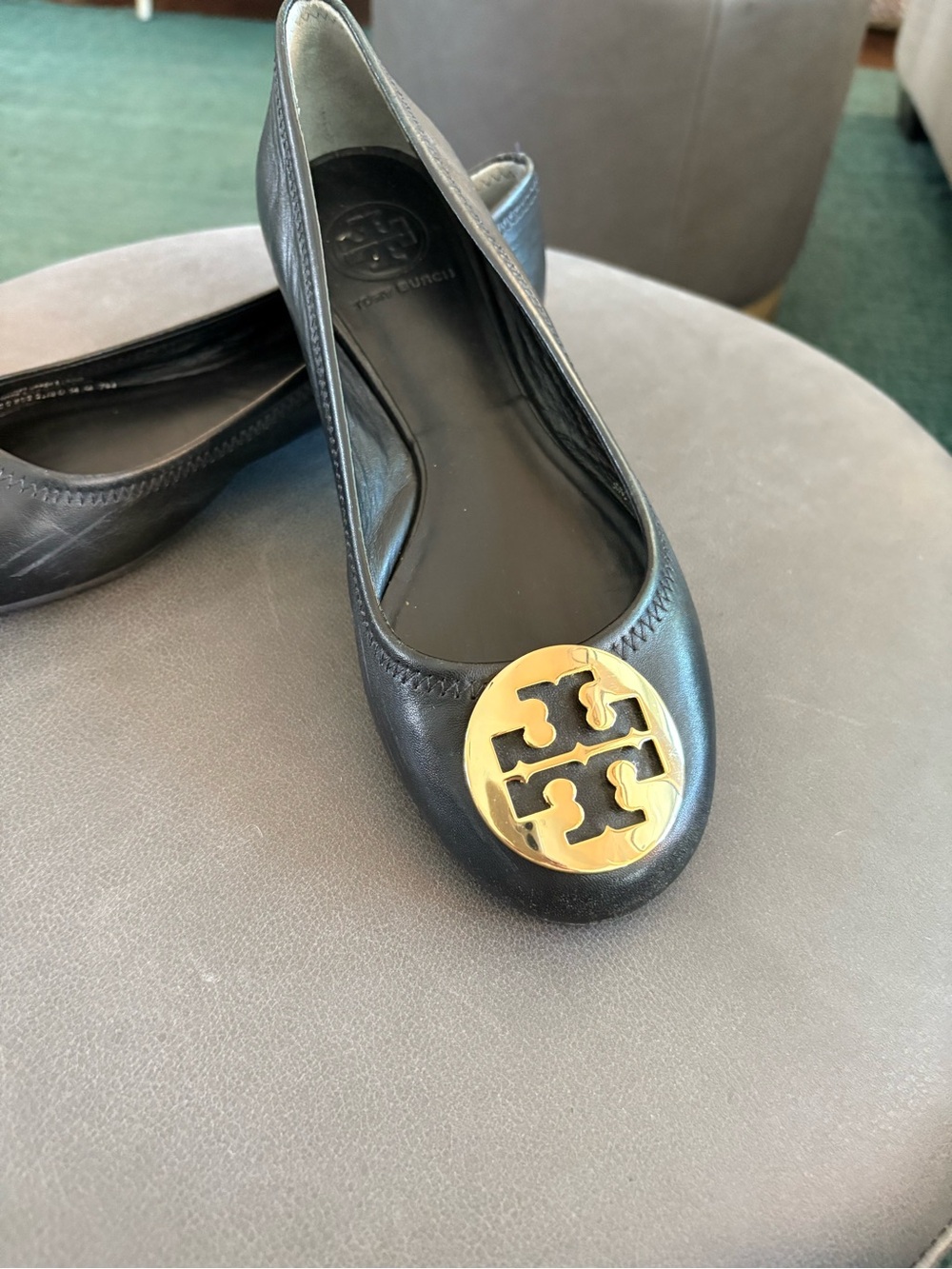 Tory Burch Black Leather Flats with Gold Logo Medallion